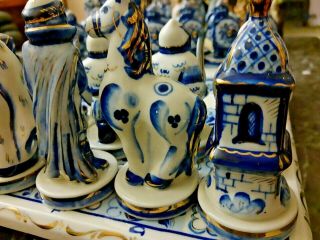 Vintage Russian Porcelain Chess Set Gzhel / With Board