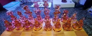Murano Hand Blown Crystal Glass Chess Set,  Light Green And Amber,  Large 6 - 3/8 " K