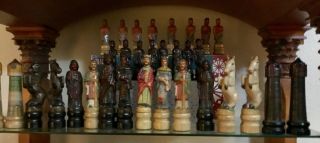 Anri? Wood Carving Large Chess Set Hand Painted 8” King Arthur Camelot Figurine