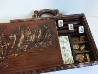 Cow Bone & Bamboo Mah Jong Set In Carved Wood Case With Matching Racks 1920’s