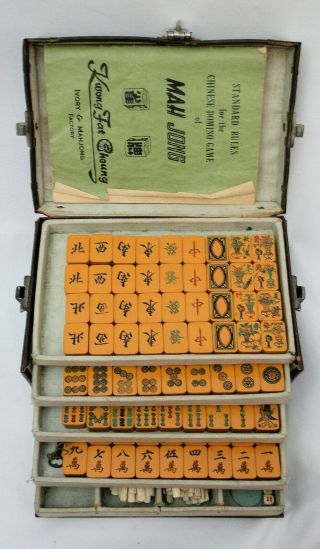 Antique Chinese Mahjong Set W/case Small Butterscotch Colored Tiles 1 "