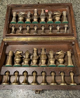 Italy Vintage Brass & Pewter Metal Chess Set In Wooden Box - Very Heavy 11 Lbs.