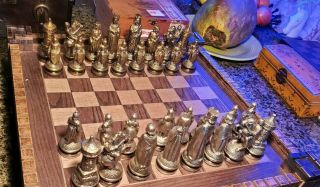 Large Metal Chess Set Anri Style Medieval Crusaders,  W/raised Wood Board & Box.