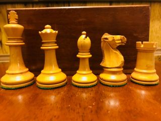 Atq British Howard Staunton Complete Chess Set & Mahogany Box C - 1910