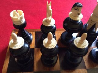Vintage Hand Crafted Wood & Bone Mexican Folk Art Chess Set Wooden Case 4