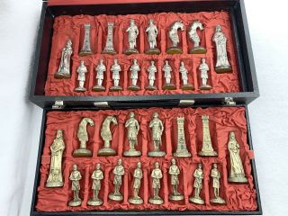 Vintage Made In Italy Brass & Pewter Chess Set Medieval Styling Case