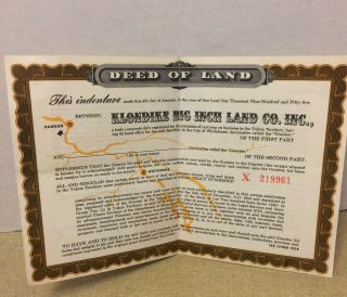 1955 Klondike Big Inch Land Co Deed Of Land " One Inch Of The Yukon " Quaker Oats