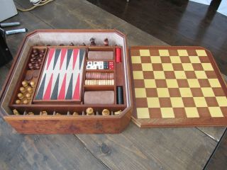 Vintage Chess Backgammon Game Set Walnut Storage Case Made In Italy -