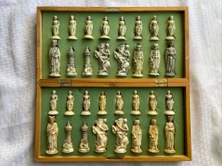 Vintage Chess Set With Foldable Wood Case Board