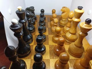 1950 - 60s Vintage Antique Ussr Wooden Chess Set With Board 40x40cm.  Full Orig Set
