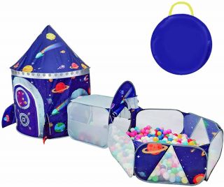 3pc Outer Space Kids Play Tent Crawl Tunnel And Ball Pit With Basketball Hoop Pl