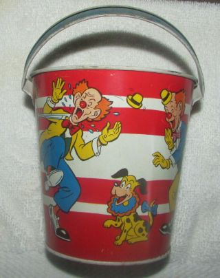 Childs Tin Ohio Art Water Pail Bucket W Handle Clowns Dog