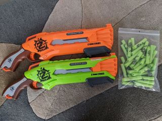 2 Nerf Gun N - Strike Elite Zombie Strike Rough Cut 2x4 Green Orange W/ 34 Bullets