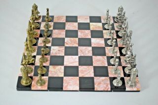 Vintage Solid Marble Chess Set Pink And Black Handcrafted - Made In Italy