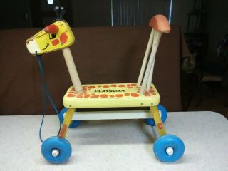 Vintage Playskool Giraffe Tyke Bicycle Ride On Wooden Scooter Riding Toy 1960 