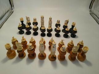 Painted Bone,  Wood - French Regency Style Chess Set - Weighted - 5 " Kings - Complete Set