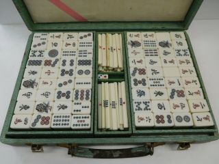 Vintage Chinese Mah Jong Bamboo Tiles Counting 85 Stick 2 Dice With Case