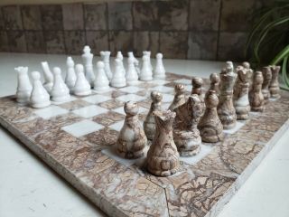 Stone Chess Set Hand - Carved Brown And White 12” Board From Afghanistan