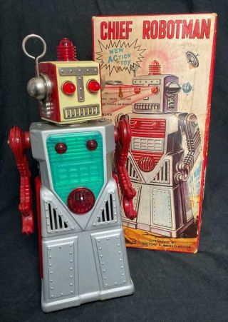 Vintage Ko Japan Tin Battery Operated Chief Robotman And Box