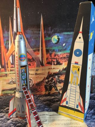 1960s Silver Tin Friction 15.  5” Tall Intercosmos Space Rocket Holdraketa