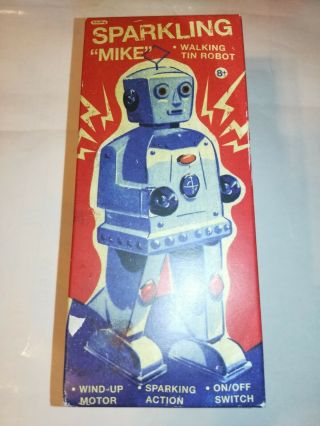 Sparkling Mike Robot Tin Wind Up Vtg Style Zoomer Spark Walking Mechanical Space