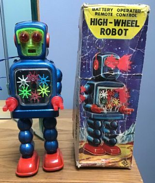 High - Wheel Robot W/ Box Battery Operated Remote Control - Japan
