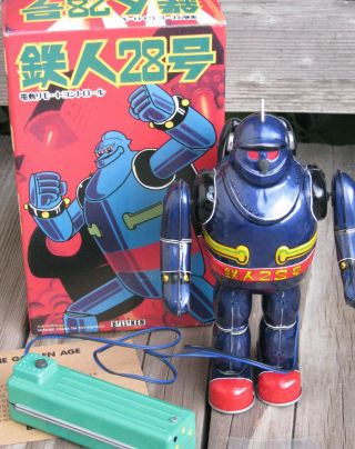 Billiken Shokai 1995 Tetsujin 28 Wired Remote Control 9” Blue Tin Toy Robot