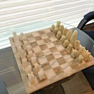 Stone Chess Set Hand Carved Figures Quartz Green Beige 14 " Board