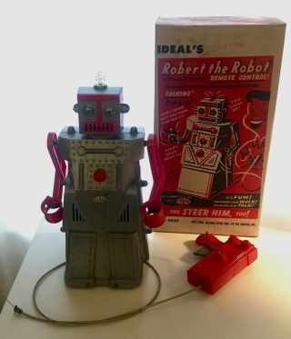 Vtg Ideal Robert The Robot Mechanical Man Toy W/box & Remote 50s 60s No 4049