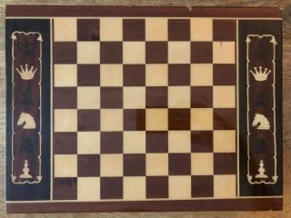 Solid Wood Inlay Plaque Vintage Chess Board With Hinged Storage - Made In Italy