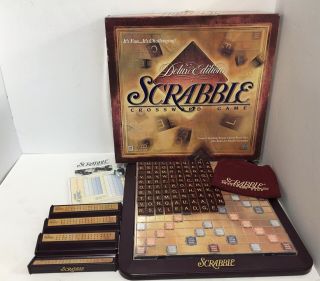 Scrabble Deluxe Edition Game Rotating Turntable Board Wood Tiles 1999 Read