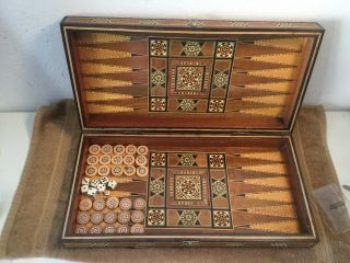 Vintage Wood Inlay Marquetry / Mother Of Pearl Style Backgammon Game Box Set
