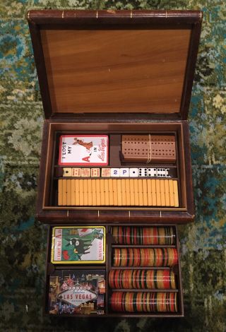 Vintage Bookcase Game Set Bakelite Poker Dice,  Chips,  Dominoes,  Pegboard,  Cards