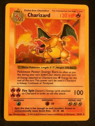 1999 Pokémon Wotc Base Set Charizard 4/102 Shadowless Holo Rare