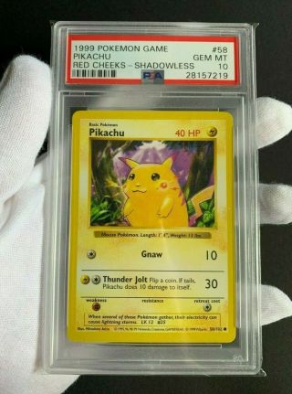 ⚡️psa 10 Gem Pikachu Red Cheeks Base Set Shadowless Pokemon Card 1999⚡️