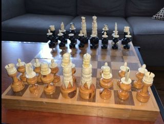 Vintage Hand Crafted Wood & Bone Mexican Folk Art Chess Set Wooden Case