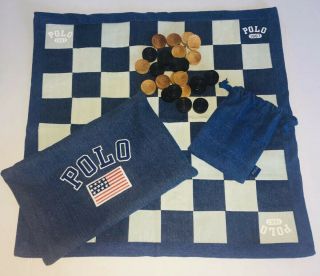 Polo Ralph Lauren Home Cotton Travel Checker Game Set Denim Soft Board Wood Bag