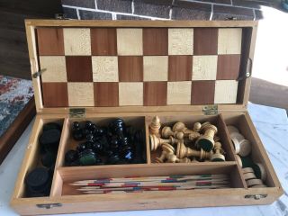 Vintage Chess/checkers/pickup - Sticks All - In - One Portable Game Set