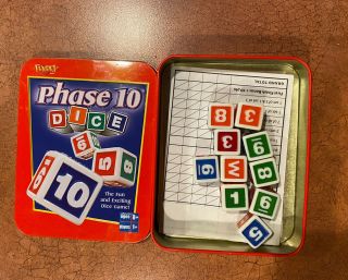 Phase 10 Dice Fundex Rare Dice Game 2004 Red Tin Case Complete