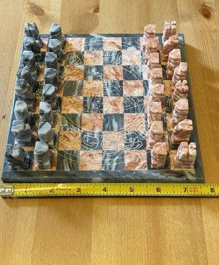 Pink Stone Marble And Onyx Chess Set Aztec Mayan Design 32 Piece With Board