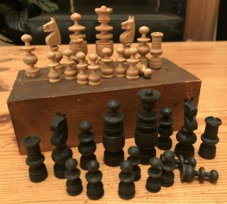 Small Vintage French Regence Style Chess Set & Box,  King 5.  5cm