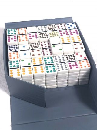 Vtg Cardinal Double 15 Dominoes Color Dot,  Vinyl Case - Complete 136 Domino Set