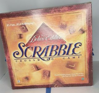 Scrabble Deluxe Edition Board Game Rotating Turntable Board Wood Tiles 1999.