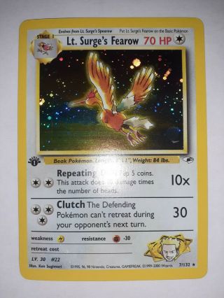 Pokemon 1st Edition Gym Heroes Lt.  Surge’s Fearow Holo Nm