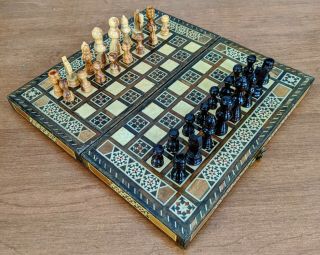 Intricate Inlaid Wood Folding Chess Board Set 12 Inch Travel Mother Of Pearl