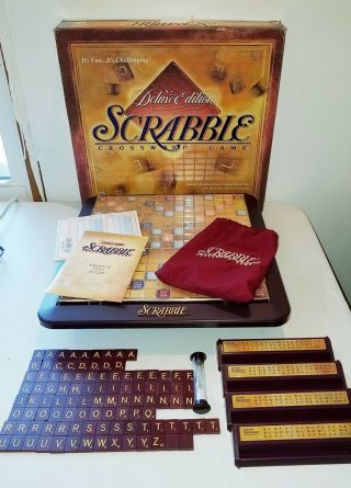Scrabble Deluxe Edition Game Rotating Turntable Board Wood Tiles 1999 Complete