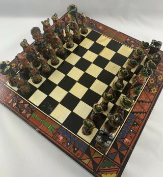 Vintage Aztec Mayan Vs.  Spanish Conquistador Chess Set Folding Wood Case Painted