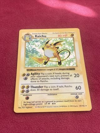 Pokemon Raichu Shadowless Holo Rare Base Set Pl 14/102