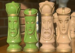 Vintage Large Size Duncan Ceramic Mold Chess Set (32pc) W/ Felt Bottoms 8” King