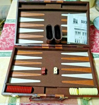 Vintage Backgammon Board Game Set: Faux Leather Case & Instructions - Complete